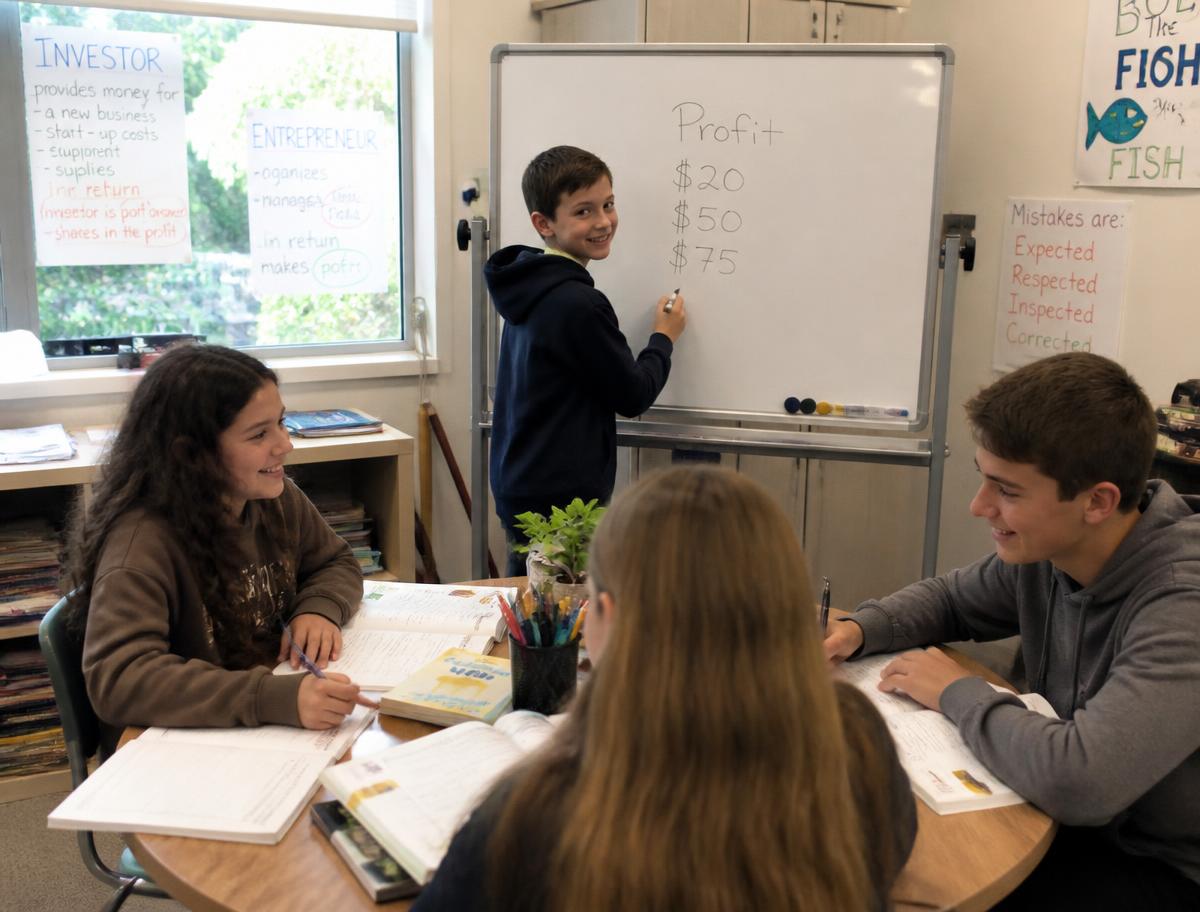 Mixed-age students working through business numbers with an instructor at a whiteboard